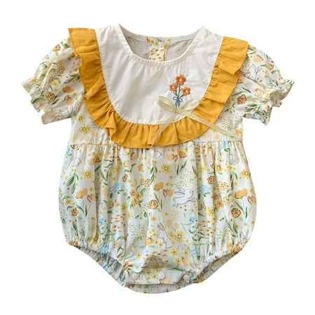 

Toddler Baby Girls Climbing Clothes Summer Floral Pattern Crawling Suit Lace Collar Casual Going Out For 6-12 Months