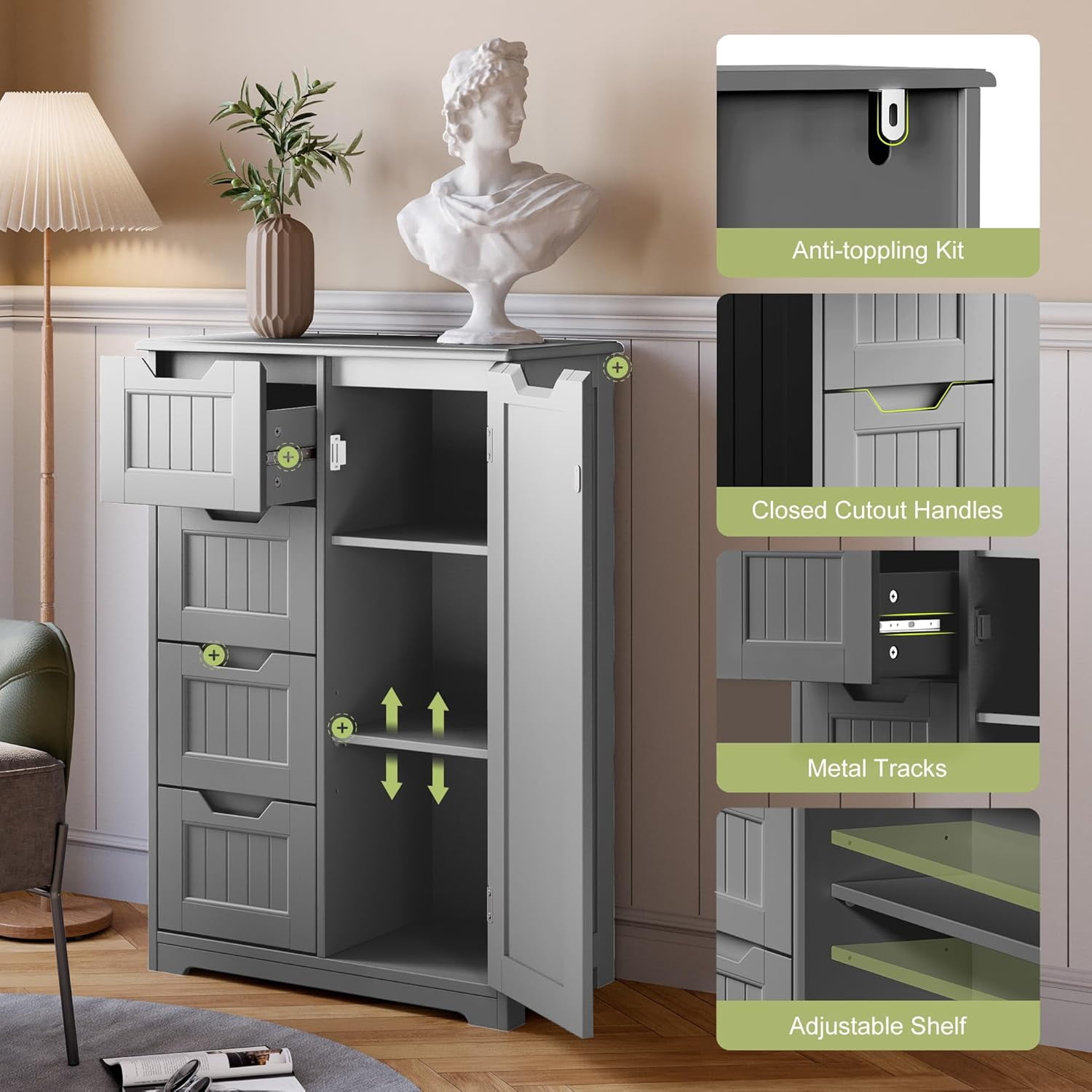 Short Pantry Storage Cabinet, Noelse 33'' Small Kitchen Pantry with 4 Drawers 3 Shelves and 1 door for Kitchen Dining Room and Bathroom, Gray