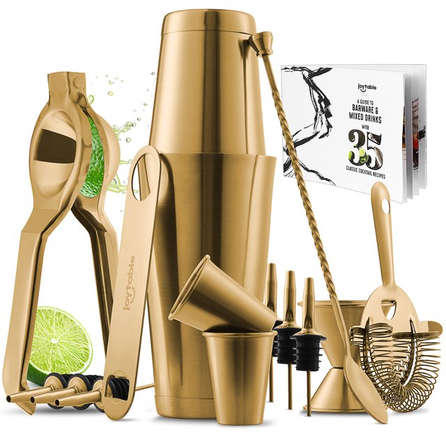JoyTable 16pc Bartender Cocktail Shaker Set, Stainless Steel Bartender Kit Bar Tool Set, with All Bar Accessories Plus Lemon Squeezer and Great Recipe Book
