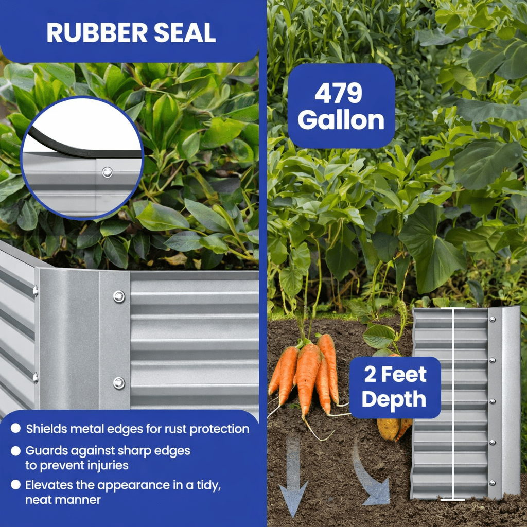 ModFusion 8x4x2 ft Galvanized Raised Garden Bed Kit with Rubber Edge, Ground Anchors, 479-Gallon Corrugated Wavy Metal Planter Box, Outdoor Vegetable Gardening, Silver