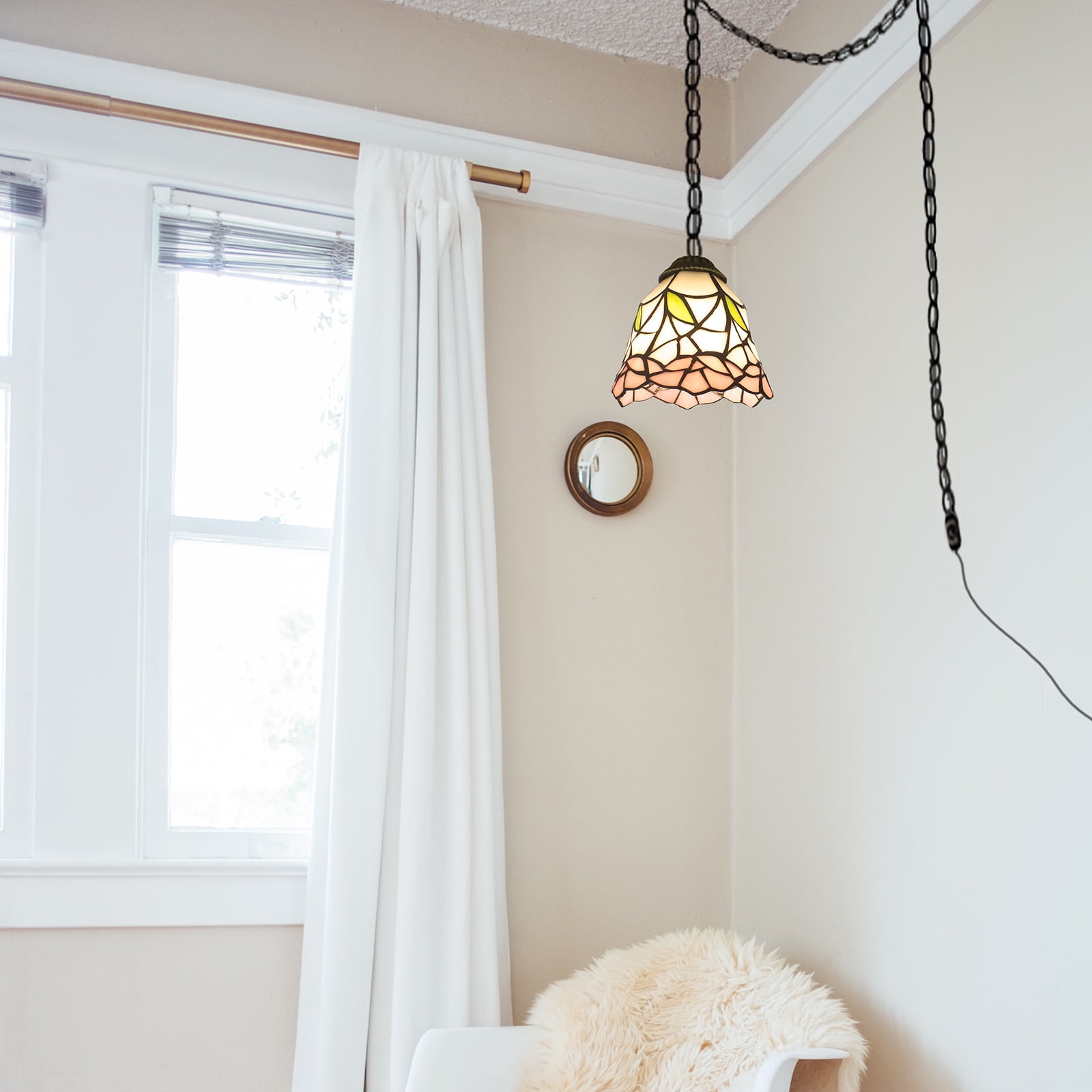 Kiven Plug in Pendant Light,E26 Socket Tiffany Style Hanging Light Fixture with 13ft Iron Chain, Dimmable,1-light
