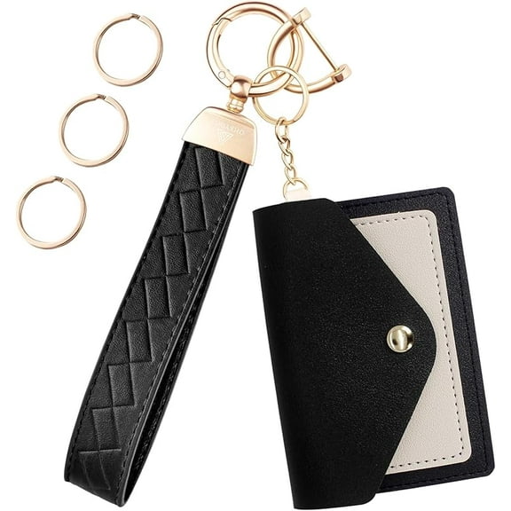 Microfiber leather wallet keychain, wristlet keychain car key chain with 3 key ring, D ring and mini wallet