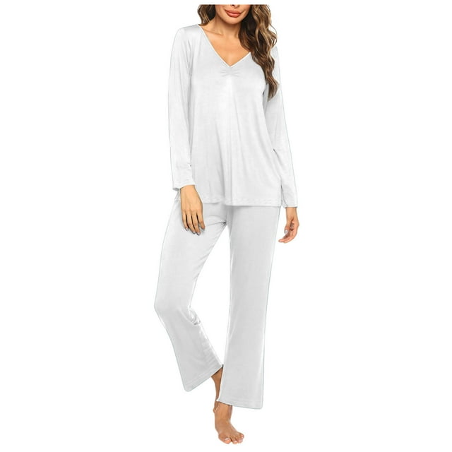 Timegard Ensembles de Pyjamas pour Femmes 2 Pcs Manches Longues Col en V Haut Froncé et Pantalon Automne Décontracté Doux Tenues de Pjs