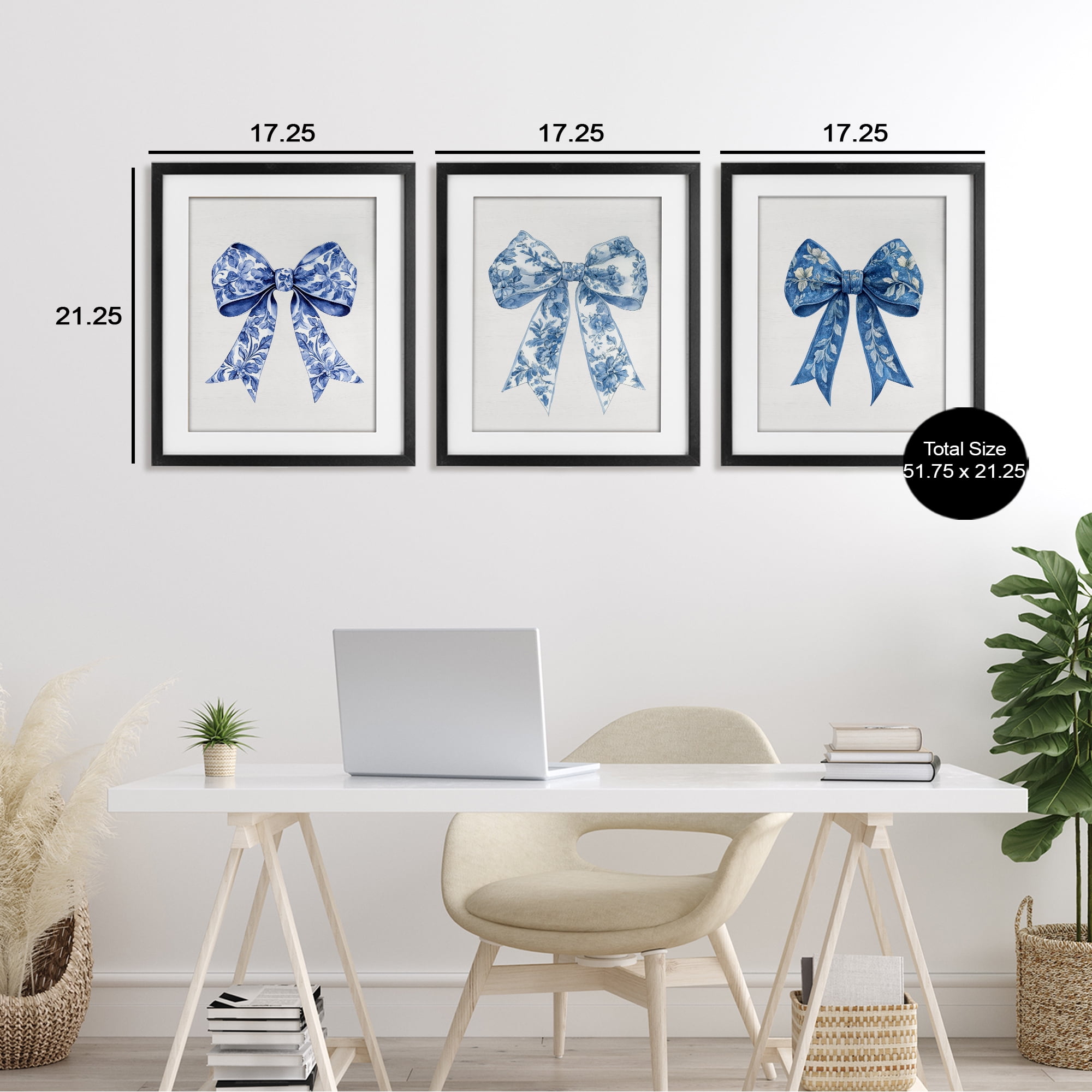 Vintage Toile Pattern Bows 3 Piece Black Framed Print Under Glass Set, design by Lettered and Lined
