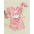 thumbnail image 3 of FEORJGP Kids Girls Easter 3PCS Outfit 3-7Y Toddler Flying Sleeve T-shirt Crew Neck Shirt Bunny Print Tops Pink Shorts Headband Sets Little Girl Loose Casual Cute Clothes, 3 of 9