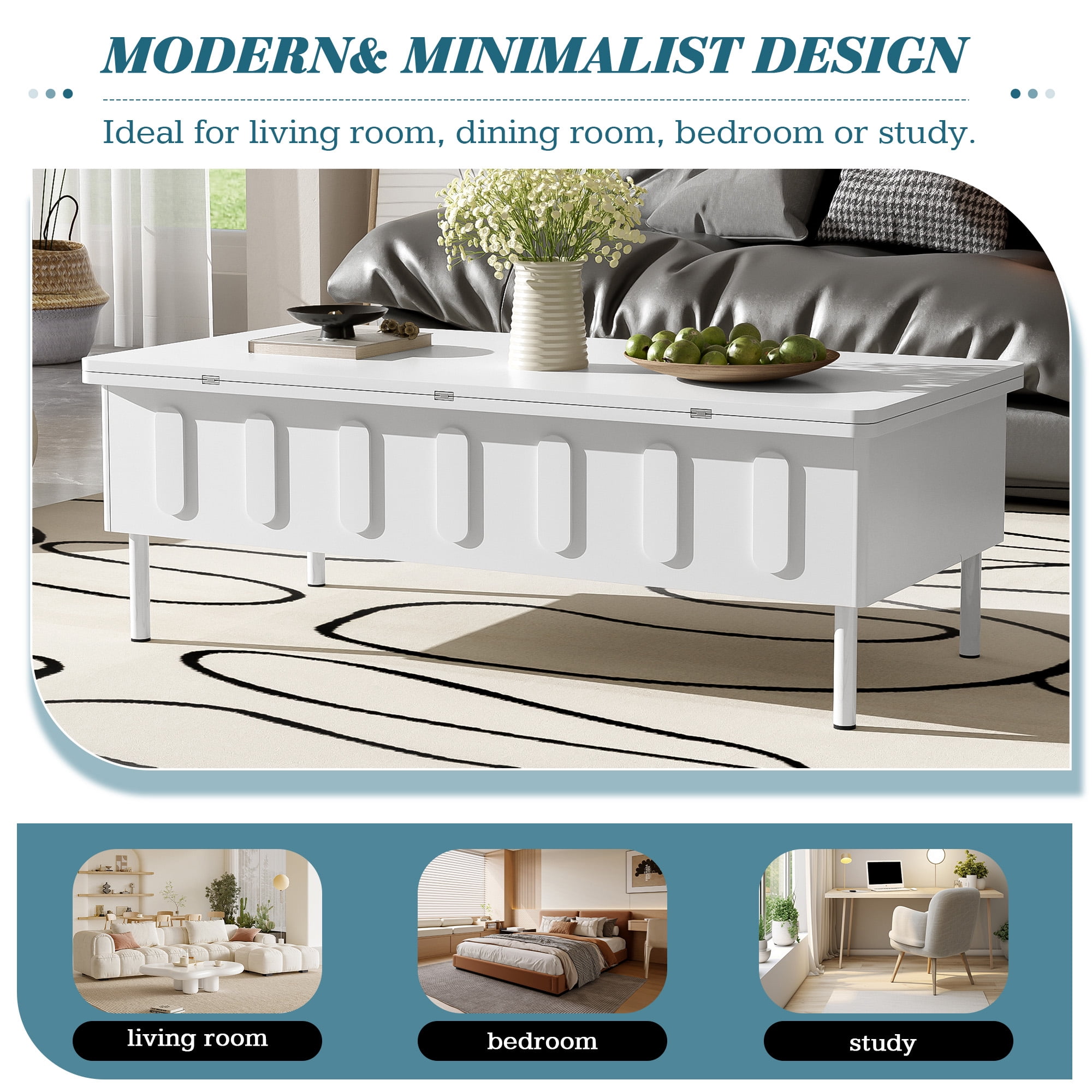Euroco Modern Lift-Top Convertible Coffee Table – Multifunctional Workstation, Dining & Storage Table for Small Spaces