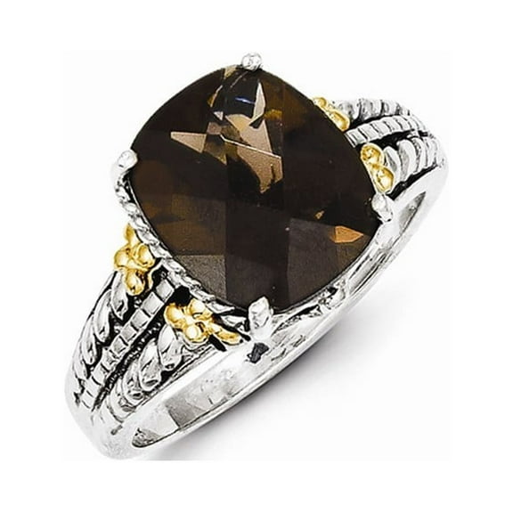 Sterling Silver With 14k 3.70Smokey Quartz Ring - 3.70 cwt - Size 7 - Measures 12mm Wide