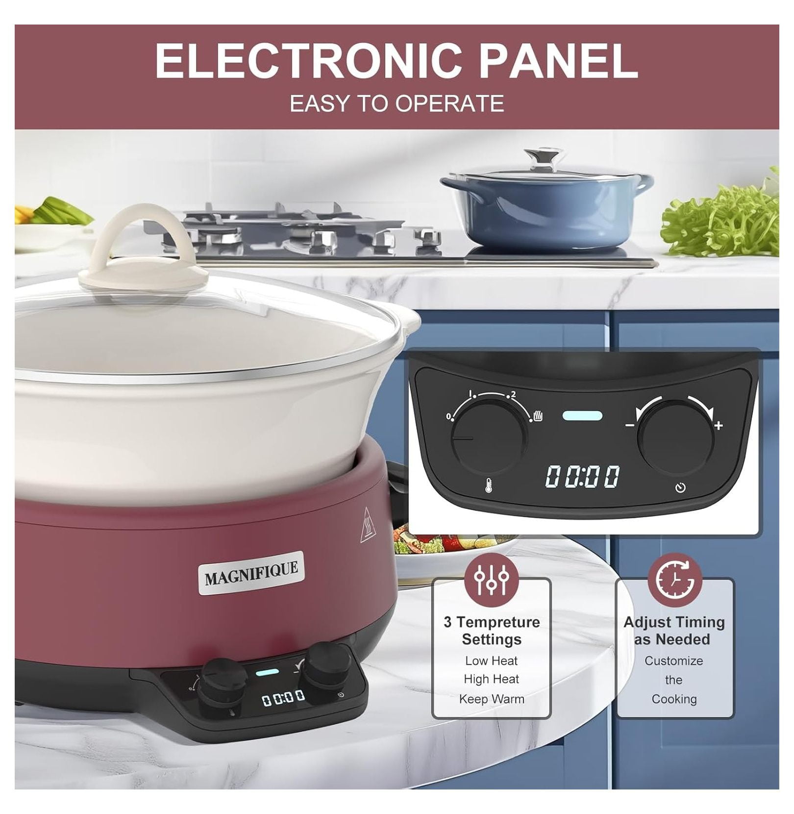 MAGNIFIQUE 5 Quart Programmable Slow Cooker with Auto Warm Setting, Glazed Ceramic Liner, Kitchen Small Appliance for Family Dinners, Red