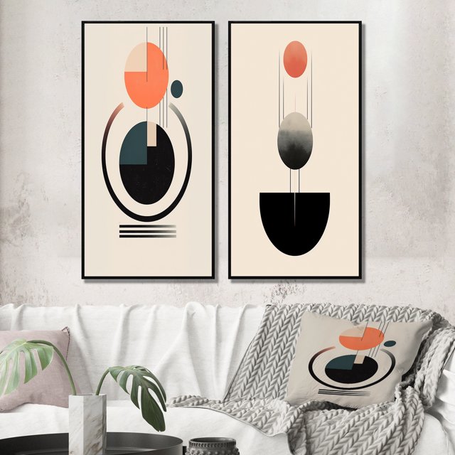 Designart "Retro Minimalist Moon Harmony Lovely Rhythms IV" Transitional Framed Wall Art Set Of 2 - Abstract Gold Framed Wall Art Set Of 2