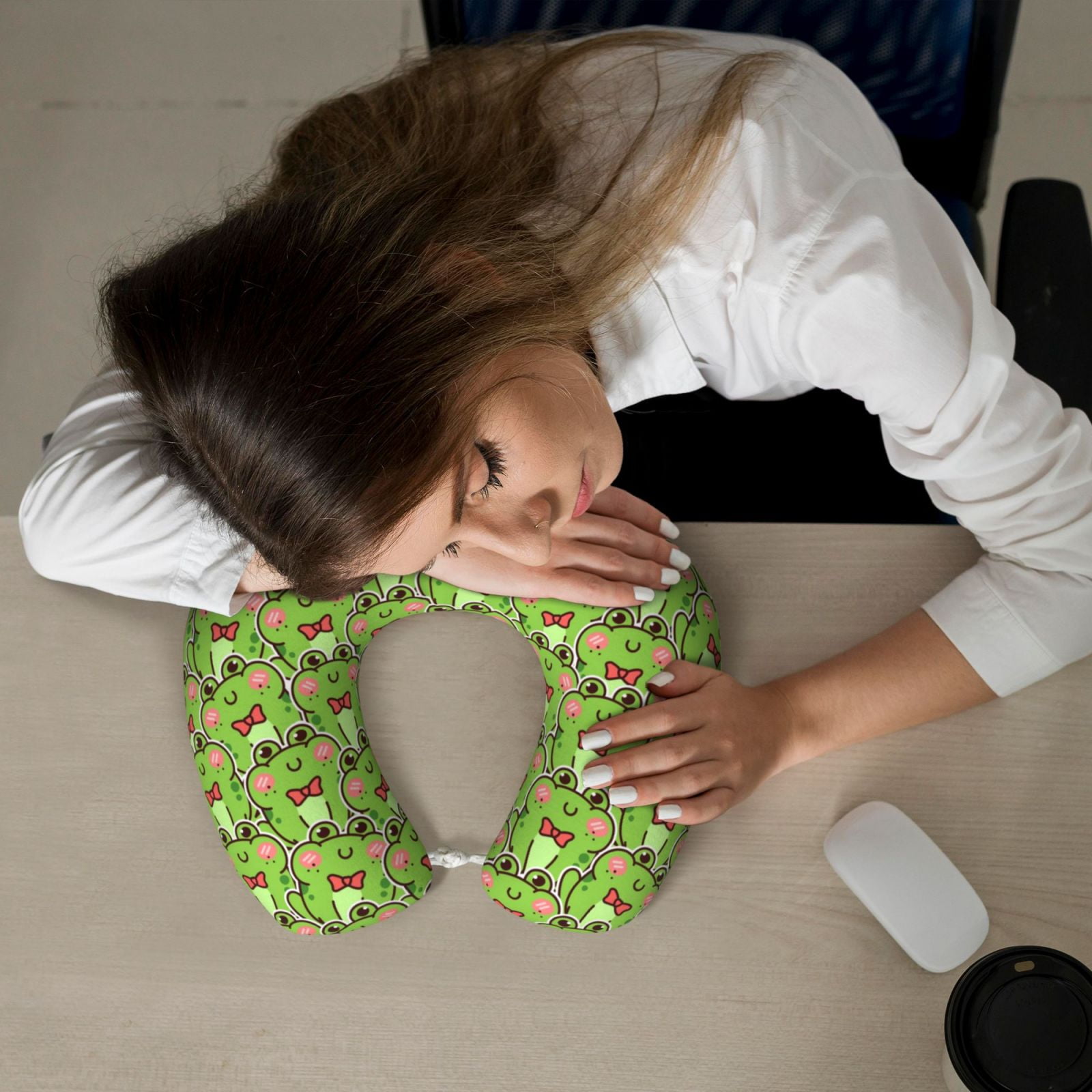 Xecao Cute Green Frog Print Memory Foam Cervical Neck Pillow Versatile U-Shaped Pillows for Home,Office,Camping,Travelling,Soft Washable Cover