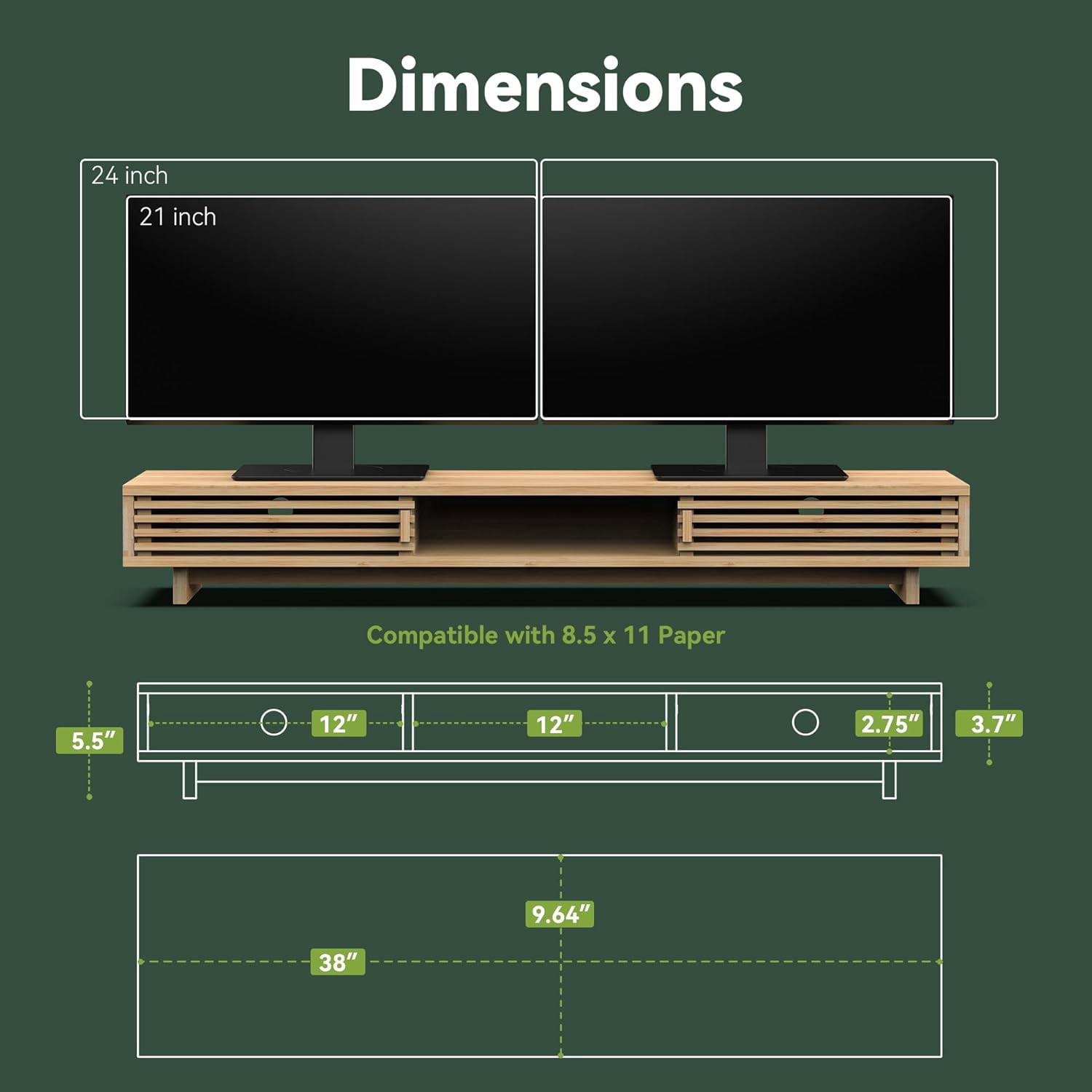 Dual Monitor Stand Riser with Sliding Door, Double Computer Laptop Desk Shelf Organizer Storage Natural  38 Inch