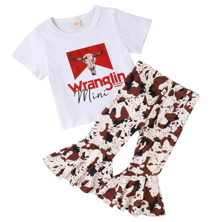

ZMHEGW Toddler Outfits For Girl Short Sleeves Kids Cow Head Top Letters Prints Set Bell Bottom Pants Flared Set