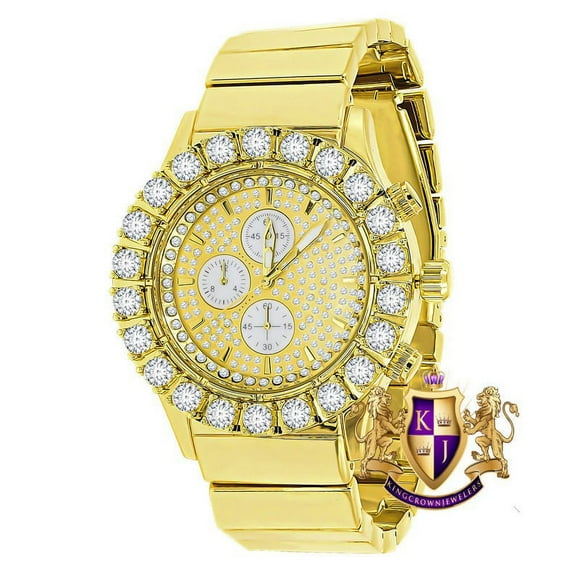 18k Gold Finish Simulated Diamond Stainless Steel Back Water Resistance Men's Metal Watch 44mm