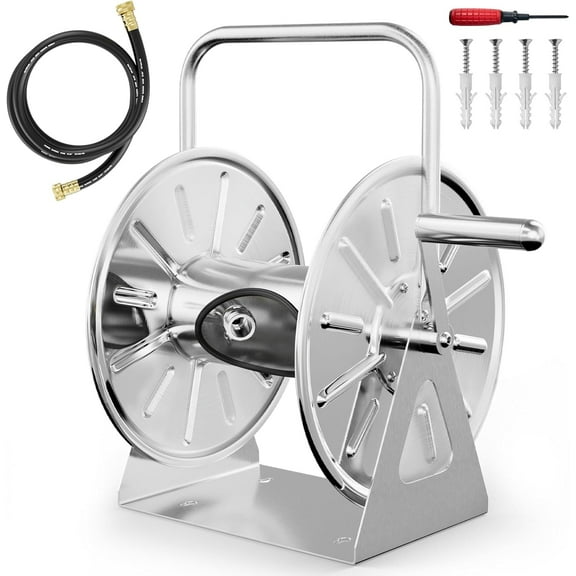SPECILITE Stainless Steel Garden Hose Reel, Outdoor Wall Mount/Floor with 6ft Leader Water Pipe, Holds 5/8in 75ft Hose