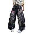 thumbnail image 4 of Mrmall Mens Cherry Blossom Embroidery Baggy Jeans Fringe Patchwork Wide‑Leg Denim Pants Y2K Streetwear Trousers, 4 of 6