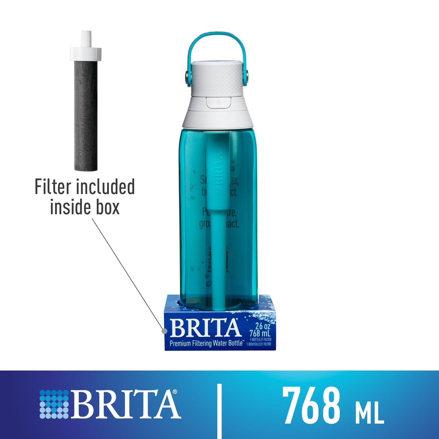 Système de filtration d’eau en bouteille Brita avec paille, anneau de transport pratique et capuchon antifuites, bouteille sans BPA parfaite pour les sports, les voyages ou la randonnée, capacité de 7 de couleur verre de mer
