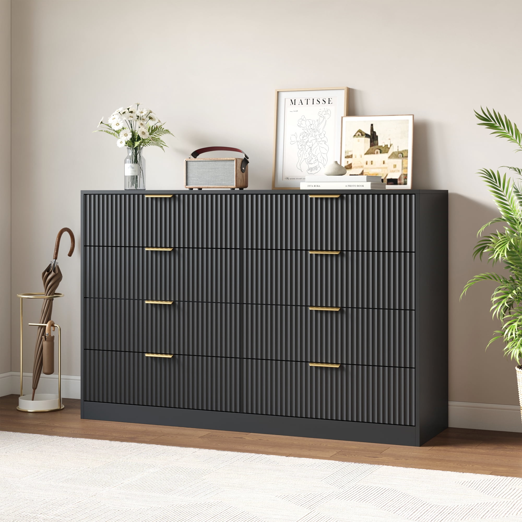 YouTrend Black 8 Drawer Dresser with for Bedroom,Modern Adult Fluted Wood Chest of Drawer with Golden Embedded Handles for Living Room,Hallway