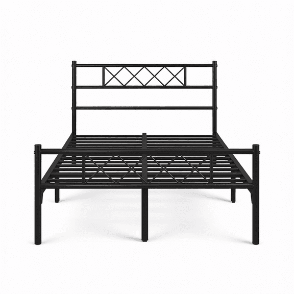 Full Metal Platform Bed Frame with Simple Headboard, Black
