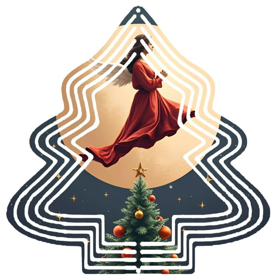 Stylized Metal Christmas Tree Wind Spinner - Golden Outline Ornaments Angelic Figure Ethereal Moon Background - Perfect for Garden Decor