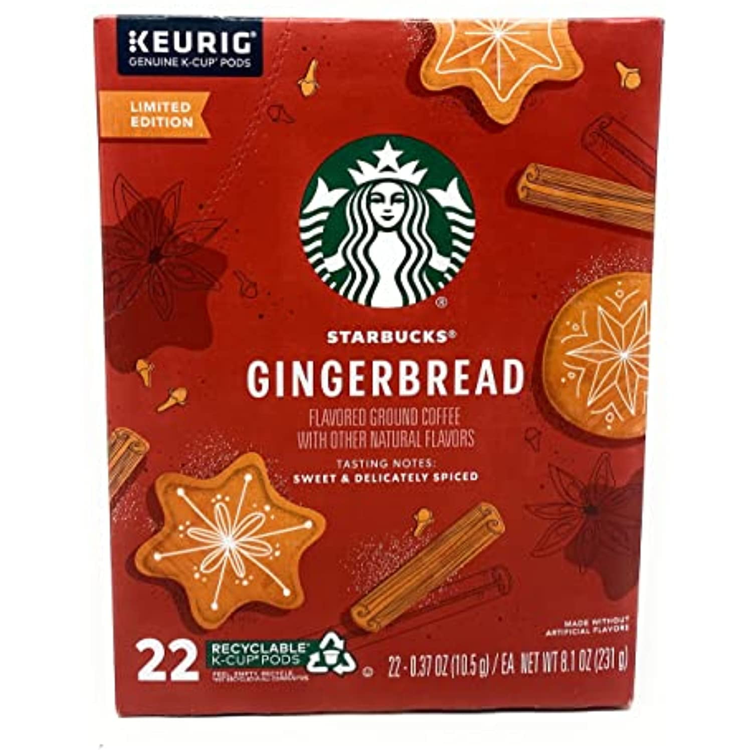 Starbucks Coffee Company Holiday Limited Edition Gingerbread Coffee K Cups  Pods - 22 Count - 1 Box 