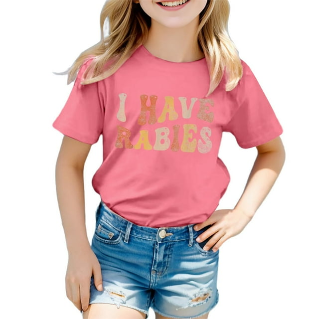 T-shirts pour Petites Filles Mode Décontractée Imprimé Col Rond Ample Manches Courtes Haut Vêtements pour Enfants Taille 8-9T