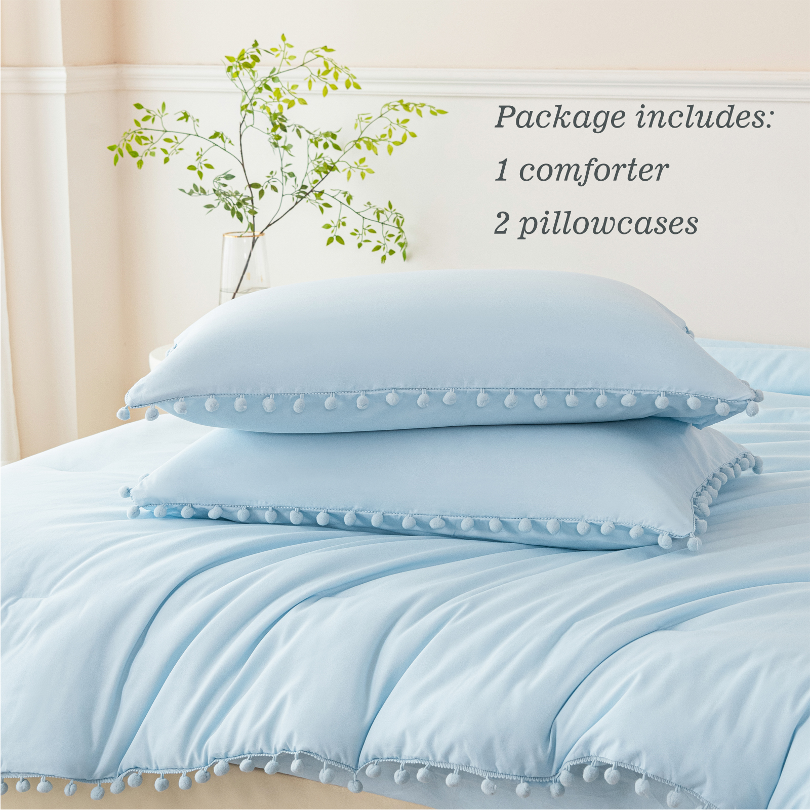 RYNGHIPY Pom Fringe Bed Comforter Set Queen Size for Girls 3Pcs Baby Blue Comforter Set Solid Fluffy Bedding Set for All Season Soft Bed Set with Comforter(Light Blue,Queen)