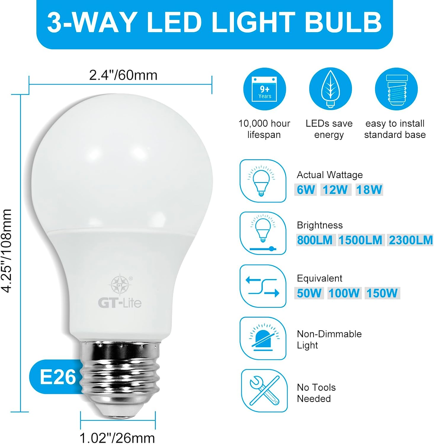 GT-Lite 2300 Lumen LED A19 3-Way Bulb 50-100-150W Equivalent Daylight, 6PKS
