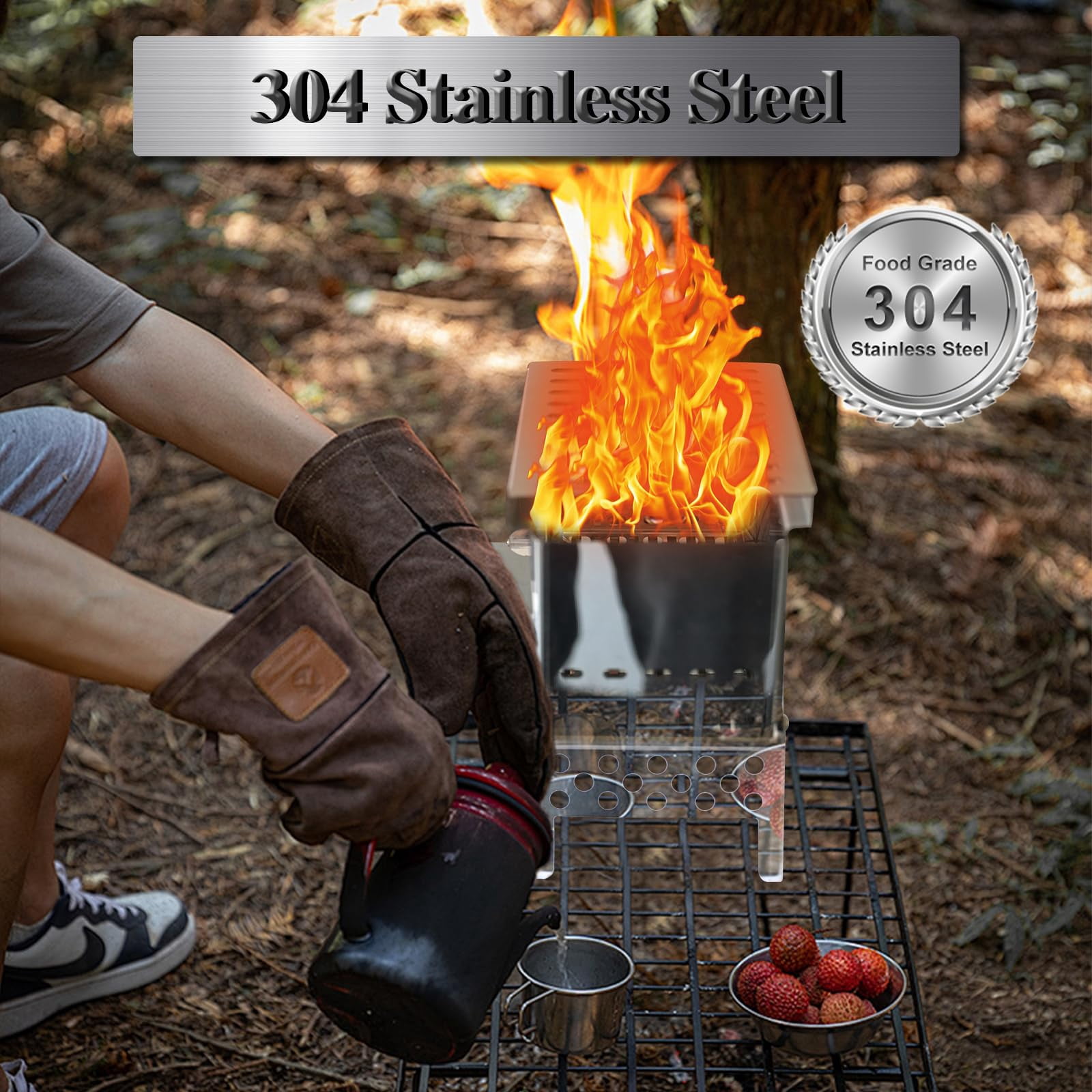 Portable Camping Stove Wood Burning Stoves Folding Stainless Steel Camping Stove BBQ, Portable Wood Burning Stove with Carrying Bag for Backpacking Camping Hiking Camping