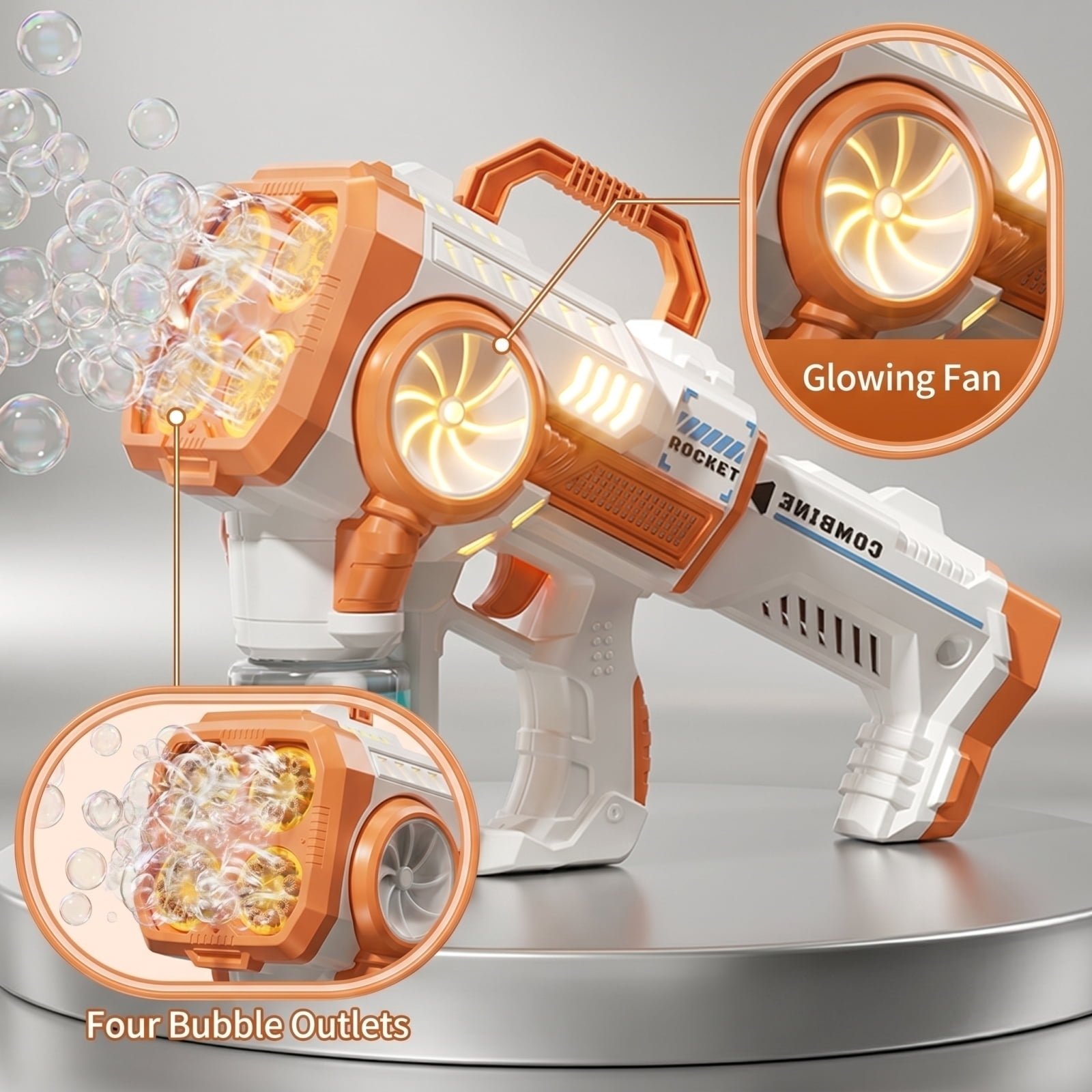 Rocket Style Bubble Maker Machine, Automatic 4 Hole Bubble Blower with LED Light, 140ML Bubble Solution and Rechargeable Set, Portable Bubble Machine for Party Festival Outdoor Events (Orange)