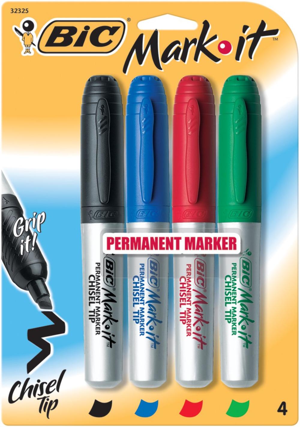 Permanent Marker, 4Color, Rubber Grip, Chisel Tip, Assorted