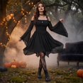 thumbnail image 5 of KLHDSF Women's Renaissance Fairy Dress A Line Boho Corset Dress | Long Bell Sleeves Off-shoulder Dress with Pockets, Comfortable Chiffon, for Ren Fair, Pirate Medival Halloween Themed Party Black S, 5 of 7