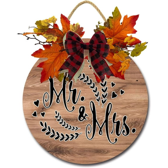 Eveokoki 12" Mr And Mrs Front Door Decor for Farmhouse Porch Decorations, Rustic Door Wreaths Sign with Fall Leaves, Round Wooden Hanging Sign