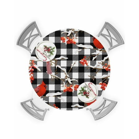 

Round Tablecloth with Elastic Christmas Winter Snow Cardinalis Black White Plaid Waterproof Table Cover Wipeable Fitted Table Cloths for 55 -60 Round Tables Dining Kitchen Indoor Outdoor Use