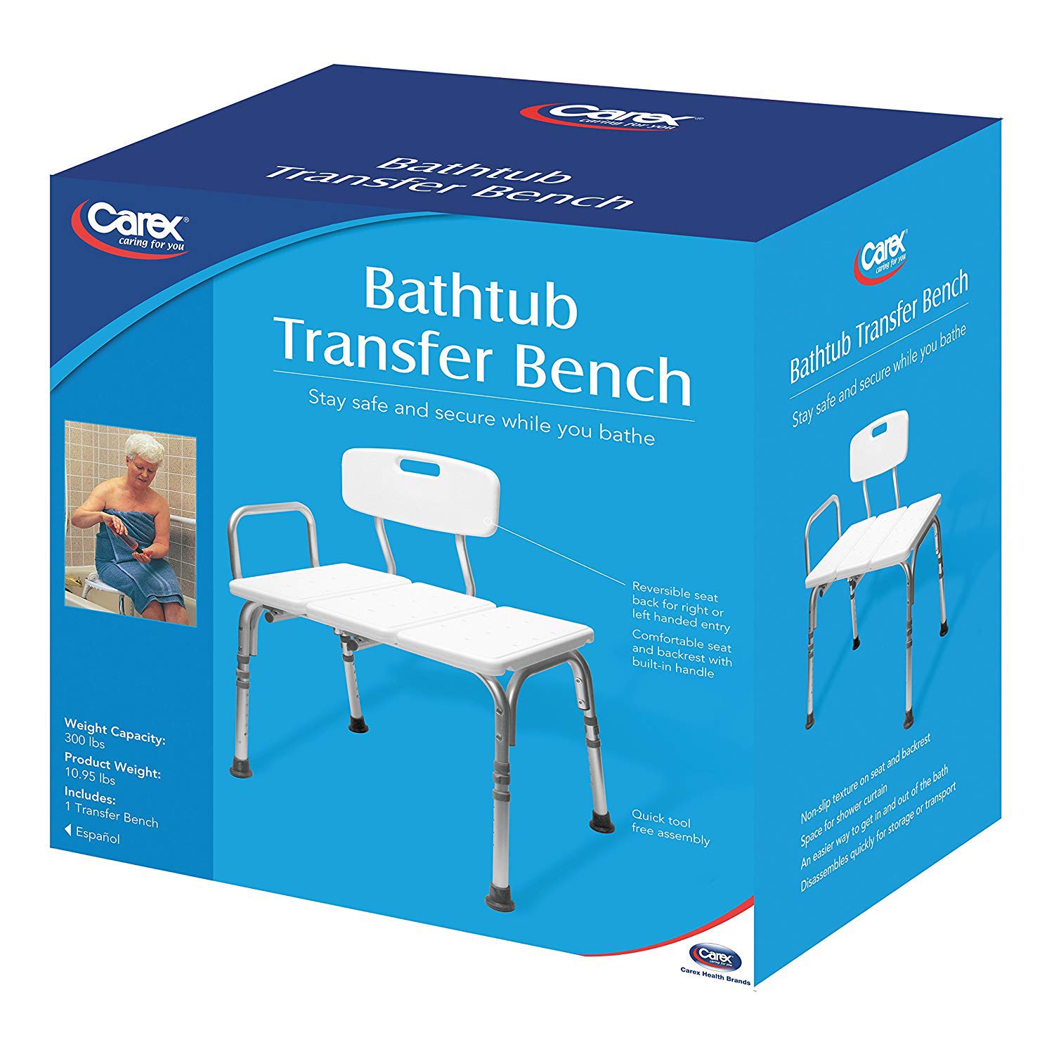 Carex Shower and Bath Transfer Bench with Height Adjustable Legs, 300 lb Weight Capacity - image 4 of 9