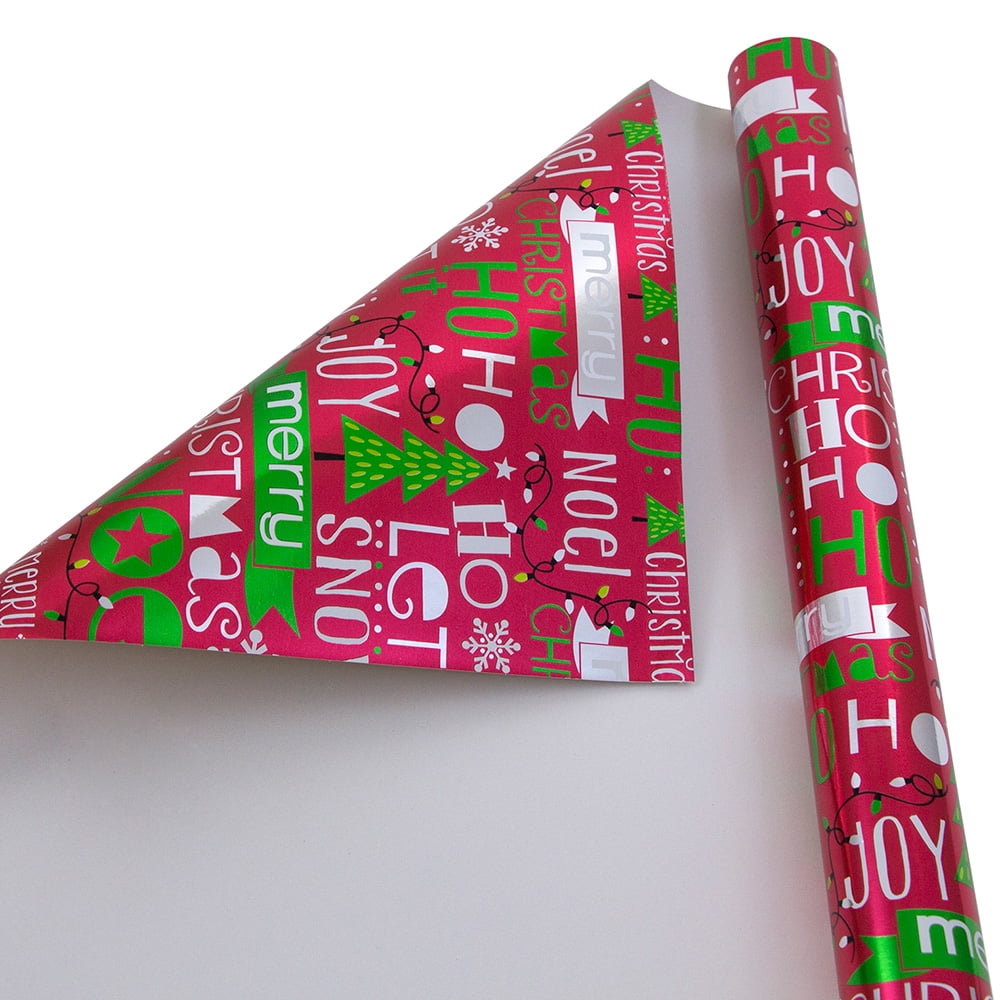 JAM Christmas Foil Wrapping Paper, 25 Sq Ft, 1/Pack, Red Merry Merry