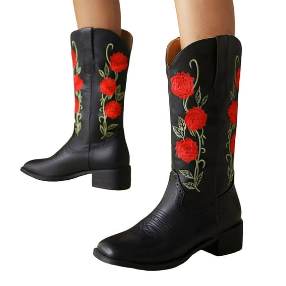 Rose Flower Wide Calf Cowboy Boots for Women Country Black Red Embroidered Leather Square Toe Mid Calf Cowgirl Tall Boots