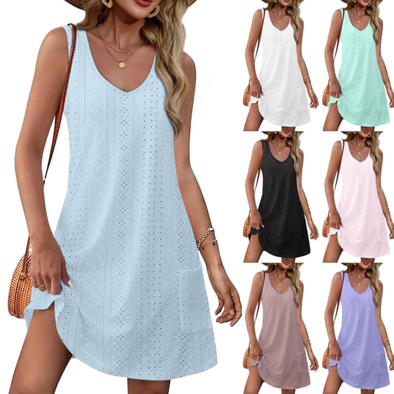 Zyekqe Eyelet Dress for Women Causal Summer Sleeveless Round Neck Casual V Neck Sleeveless Sundresses Swimsuit Coverup