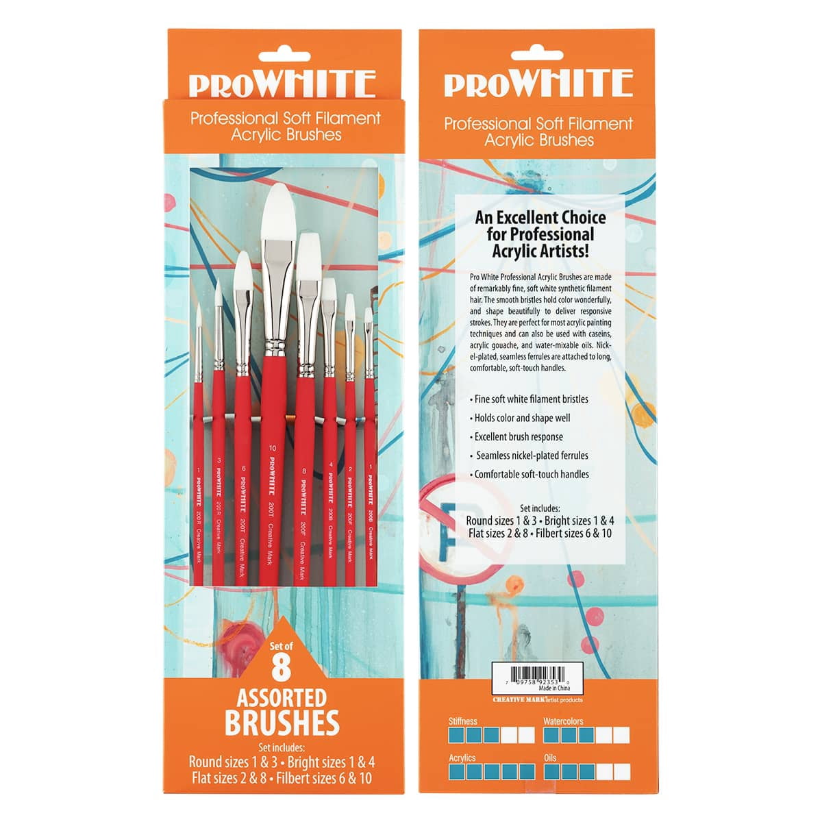 Creative Mark Pro White Soft Filament Acrylic Paint Brushes - Assorted Professional Set of 8 - Seamless Ferrule - Short Wood Handle Brushes for Acrylic Painting, Watercolor, Gouache, Oils & Casein