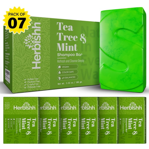 Herbishh Tea Tree & Mint Shampoo Bar Pack of 7 – Deep Cleansing Solid Shampoo & Conditioner Set for Oily Hair & Scalp – Tea Tree Oil & Mint Formula, Travel Size, For Men & Women, 3.53 oz Each