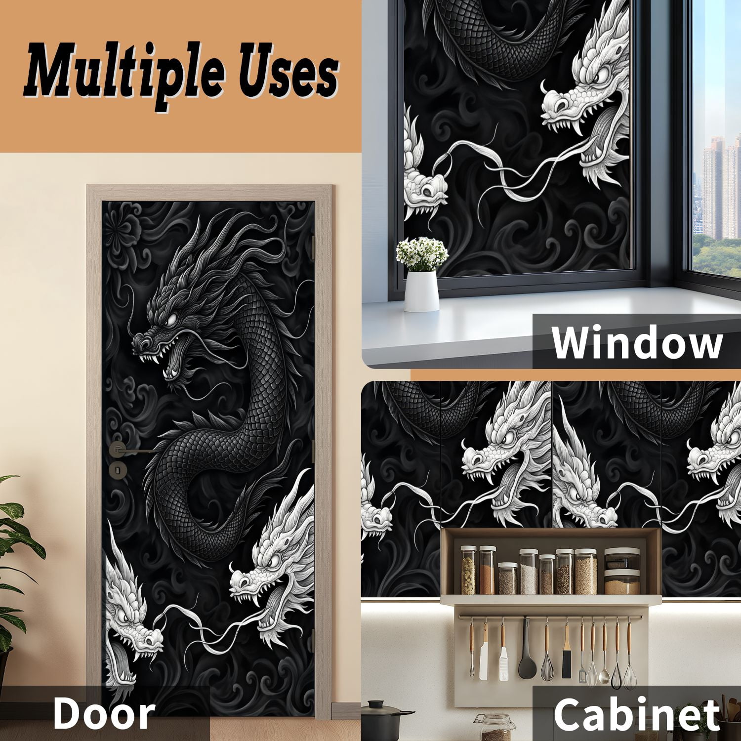 Self Adhesive Vinyl Refrigerator Wrap Set Intricate Black White Dragon Patterns Floral Details Door Mural Removable Fridge Sticker Peel and Stick&nbsp;Full Door Cover Decal Kitchen Bar Decor