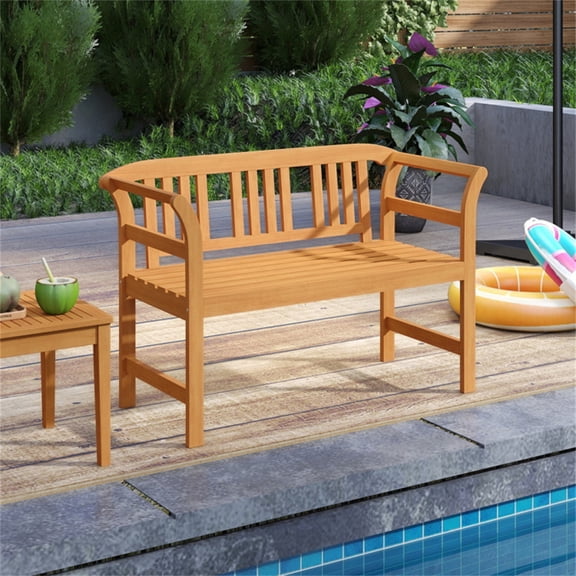 Natural Acacia Wood 2 Person Outdoor Bench 47×20×31 Inch Patio Loveseat with Geometric Backrest 800 LBS Capacity