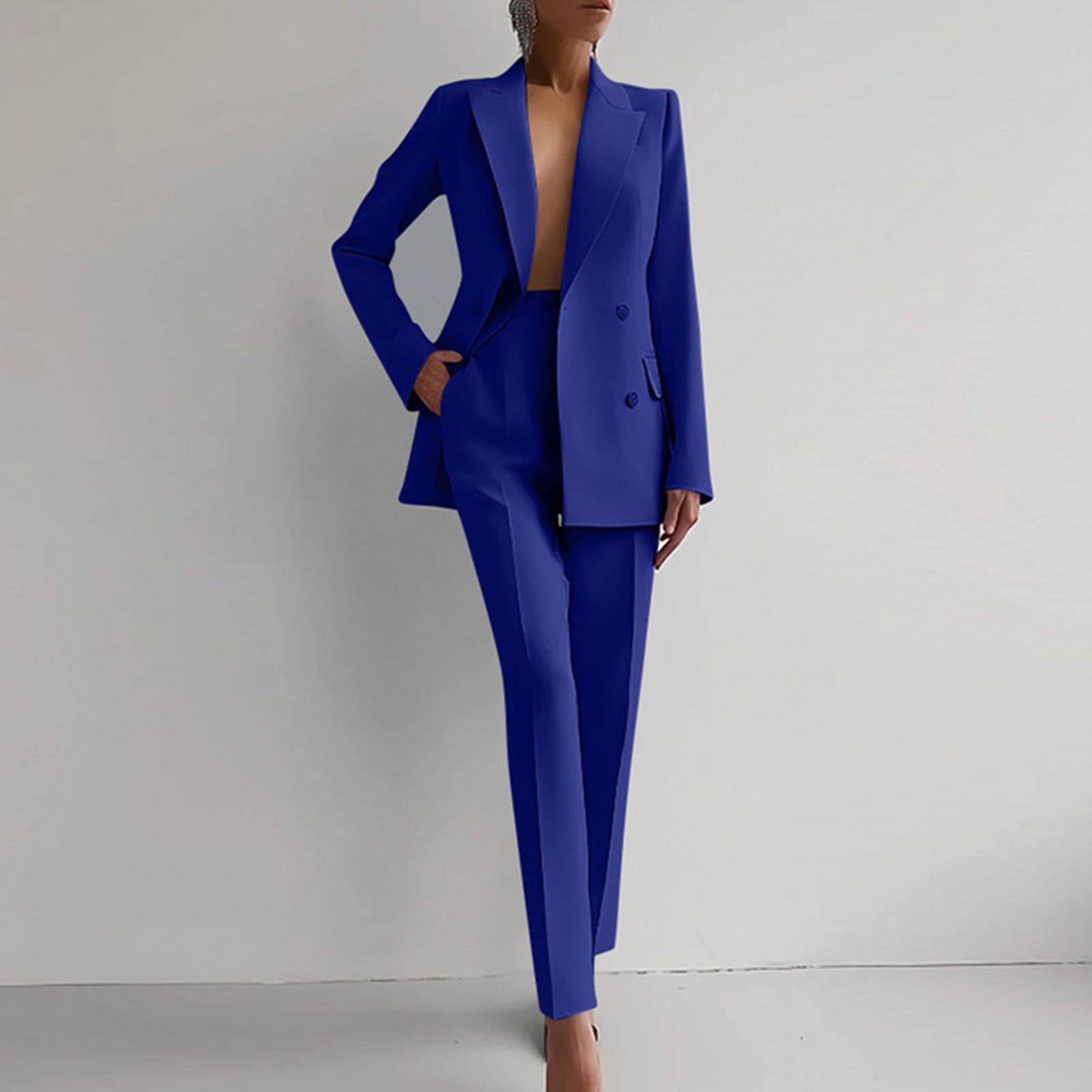 YUGYXL Womens 2 Piece Outfits Double Breasted Blazer and Straight Leg Work Pants Casual Blazer Set Dressy Business Office Suits Blue S