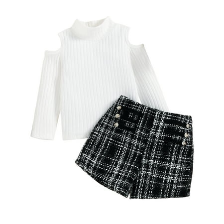 

EYIIYE Toddler Kid Girl Autumn Solid Color Ribbed Long Sleeve High Neck Cold Shoulder Pullover + Plaid Print Shorts Set 1-6 Years