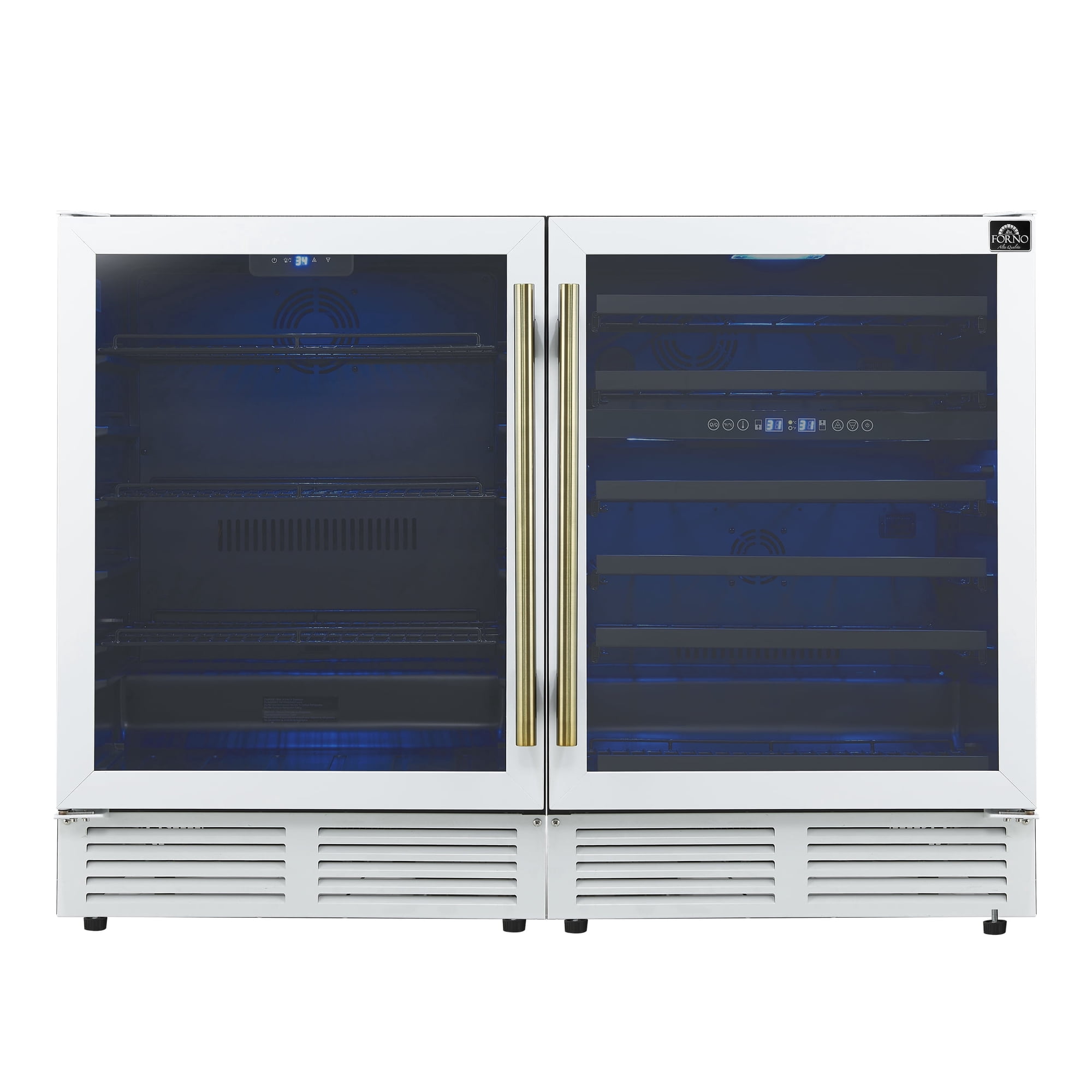 Forno Gemello 48 Inch Side-by-Side Wine and Beverage Cooler in White with Antique Brass Handles, French Door, 9.6 cu. ft.