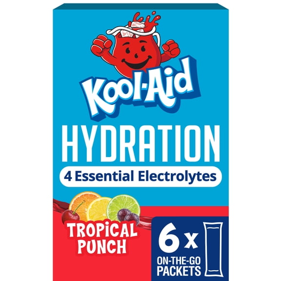 Kool-Aid Hydration Electrolyte Powder Drink Mix, 6 On-the-Go-Packets, for Easy and Flavorful Hydration, Tropical Punch Artificial Flavor, Zero Sugar, No Artificial Dyes, Low Calorie, 1.32 oz Box