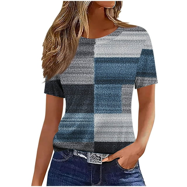 Pisexur Hauts pour Femmes, Hauts de Printemps pour Femmes 2025, Hauts pour Dames, T-shirt Imprimé Décontracté et Tendance pour Femmes avec Col Rond et Manches Courtes Bleu Marine, P