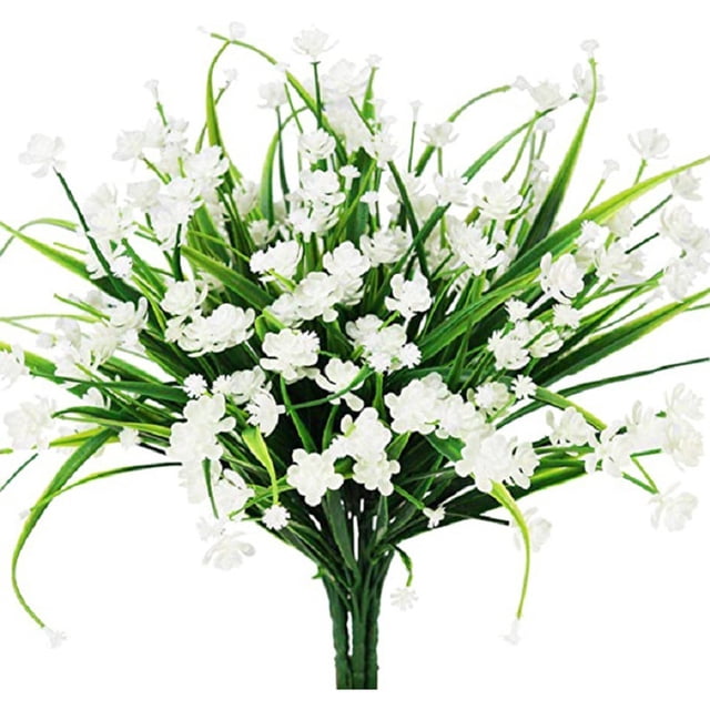 8 Racimos de flores artificiales para exteriores - Arbustos verdes para decorar jardín y porche, 7 tallos cada uno, sin riego ni mantenimiento