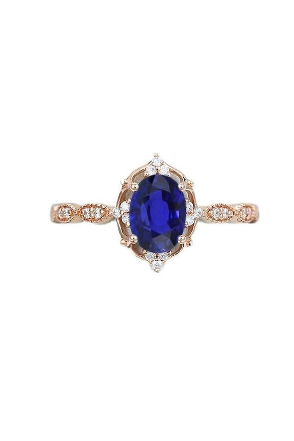 Enterprises 67205 3 CT Rose Gold Diamond Halo Vintage Style Blue Sapphire Ring, Size 6.5
