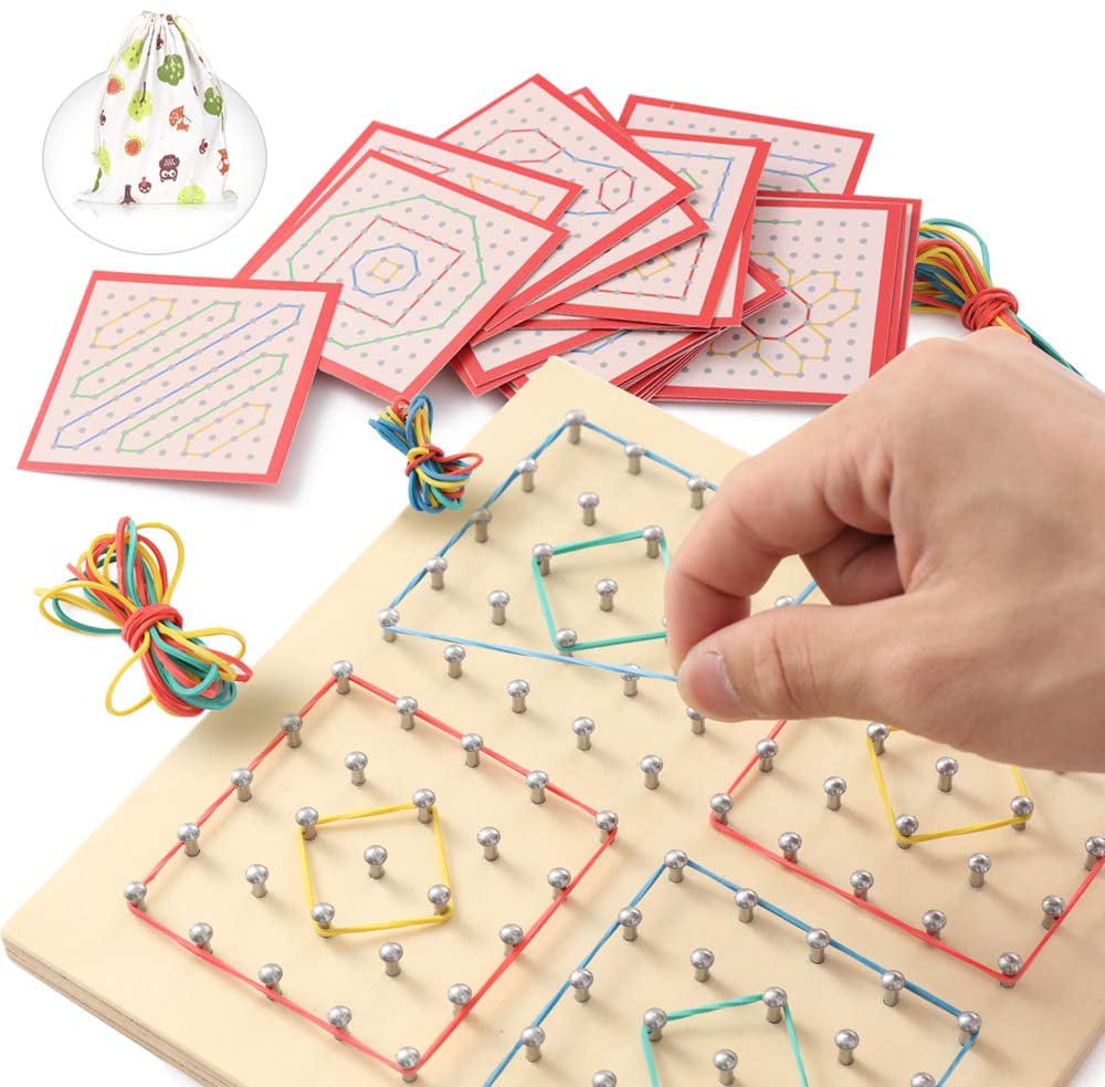 Wooden Montessori Geoboard Mathematical Manipulative Toy with Cards for Kids