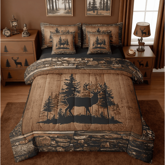 Manfei Jungle Deer 7-Piece Twin Bedding Sets Kids,Rustic Hunting Cabin Lodge Farmhouse Nature Wildlife Antlers Brown Bedding Comforter Set Reversible